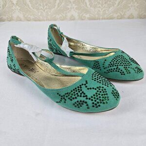 Nature Breeze Size 8 Green T-Strap Ballet Flats Crystal Embellishments NWOT